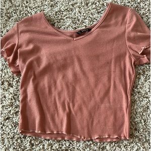 salmon crop top, scalloped hem